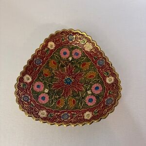 Brass Plate India Handpainted Trinket Dish Handcrafted Meenakari Triangle